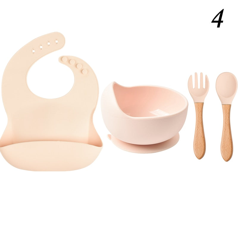 Personalized name Food Grade Baby Feeding Set with Spoon, fork,Silicone Suction Bowls and bib BPA Free - First Stage Self Feed