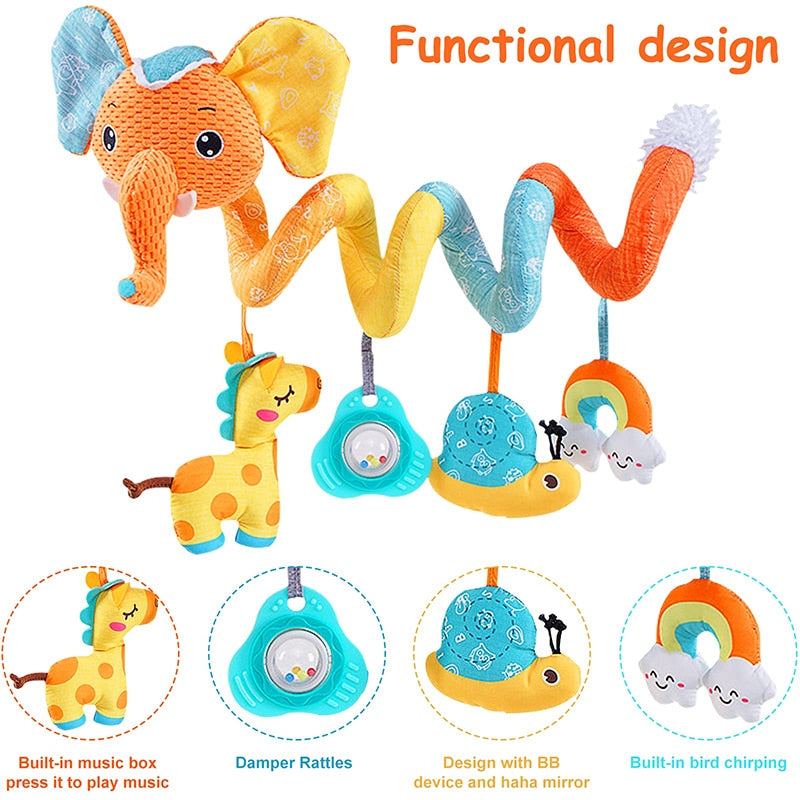 Car Seat Toys Infant Baby Fox Spiral Plush Activity Hanging Stroller Bar Crib Bassinet Mobile with Music BB Squeaker and Rattles