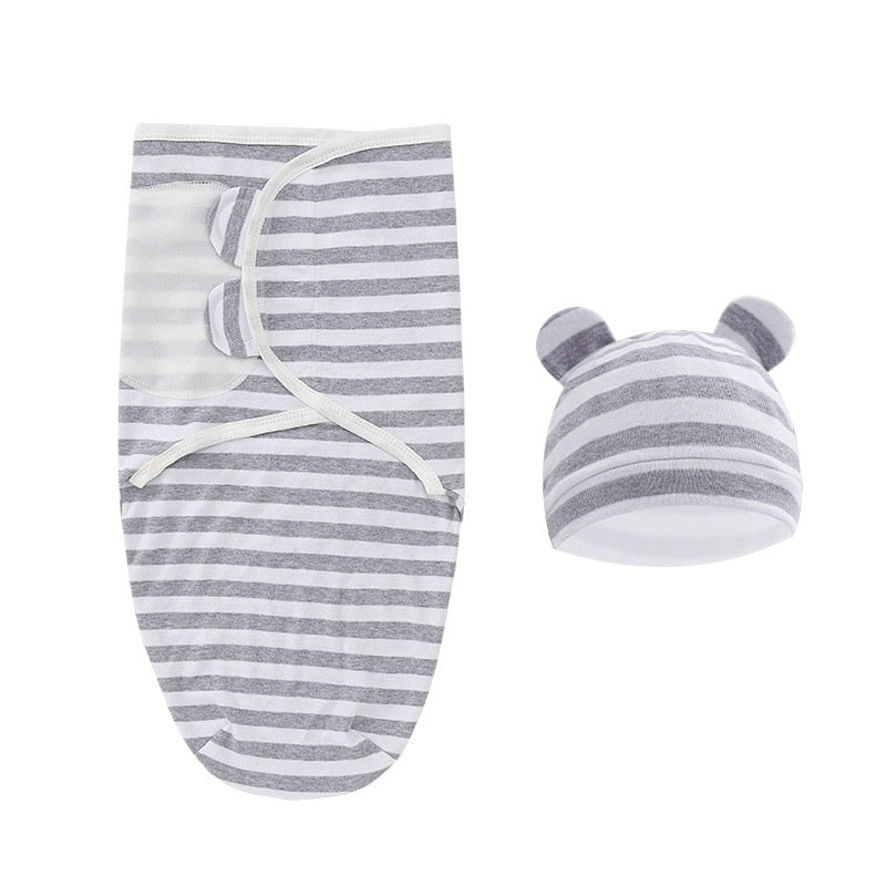 2PCS Cotton Newborn Sleepsack Baby Swaddle Blanket Wrap Hat Set Infant Adjustable New Born Sleeping Bag Muslin Blankets 0-6M