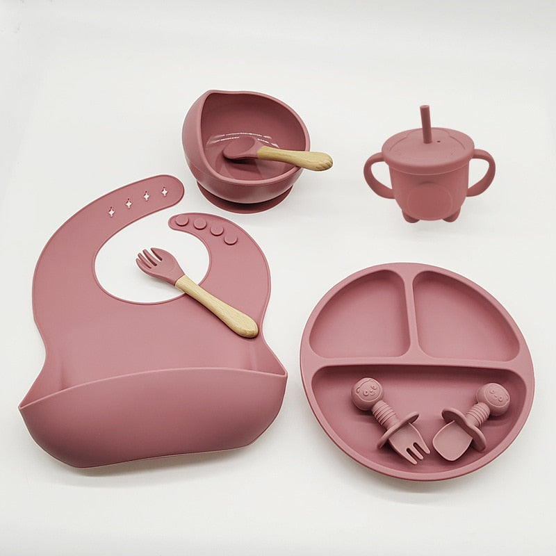 Children's Dishes Set Baby Silicone 6/8-piece Tableware Set Suction Cups Forks Spoons Bibs Straws Cups Mother and Baby Supplies