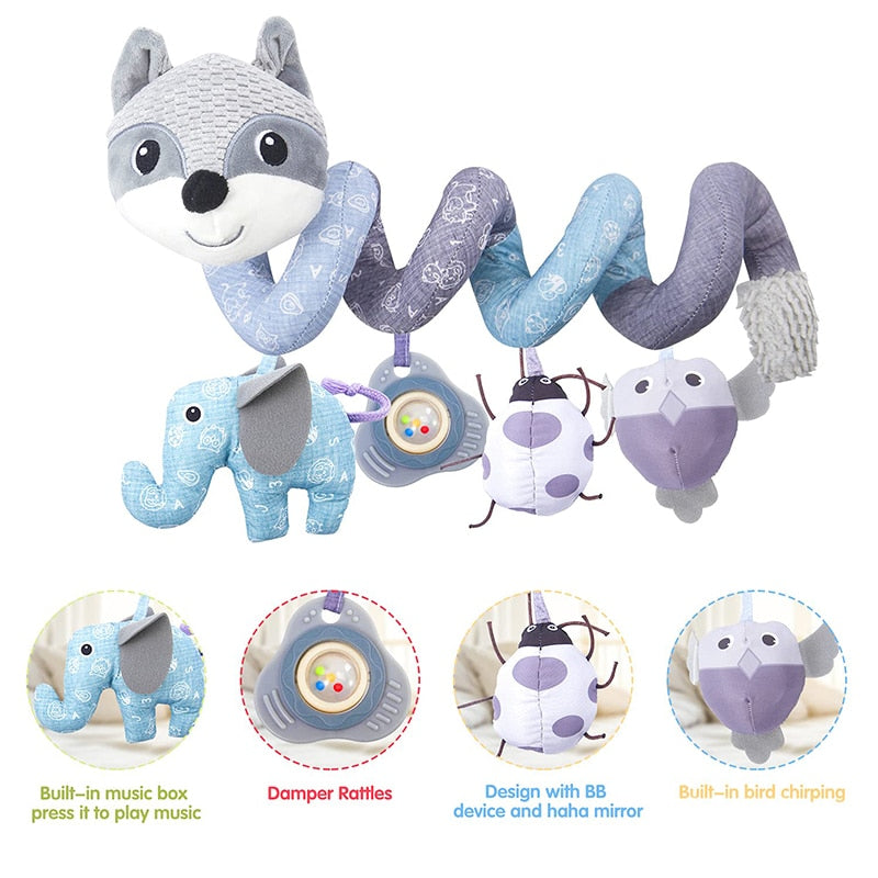 Car Seat Toys Infant Baby Fox Spiral Plush Activity Hanging Stroller Bar Crib Bassinet Mobile with Music BB Squeaker and Rattles